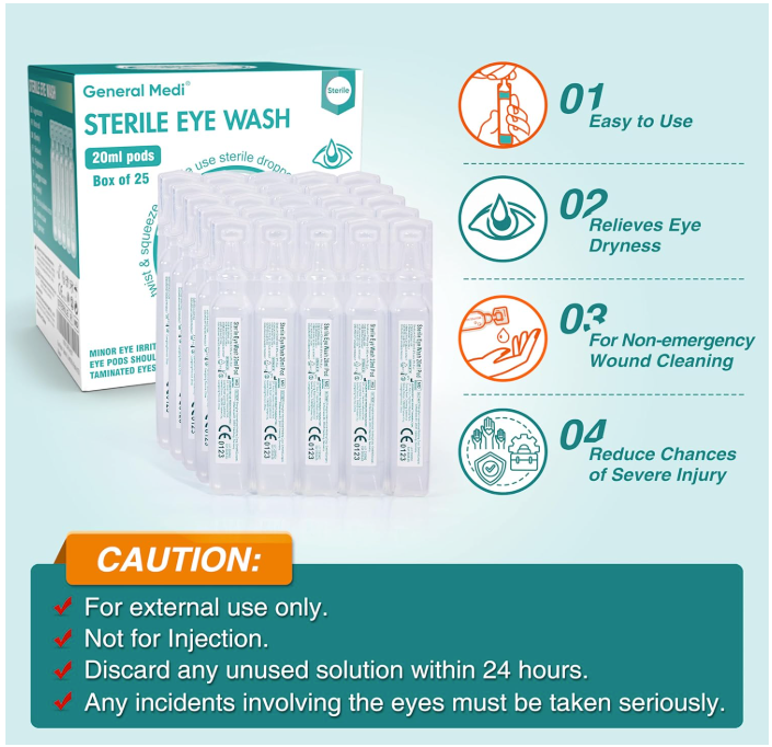 General Medi Eye Wash - Sterile Saline Solution 20ml/0.9% (Pack of 25)